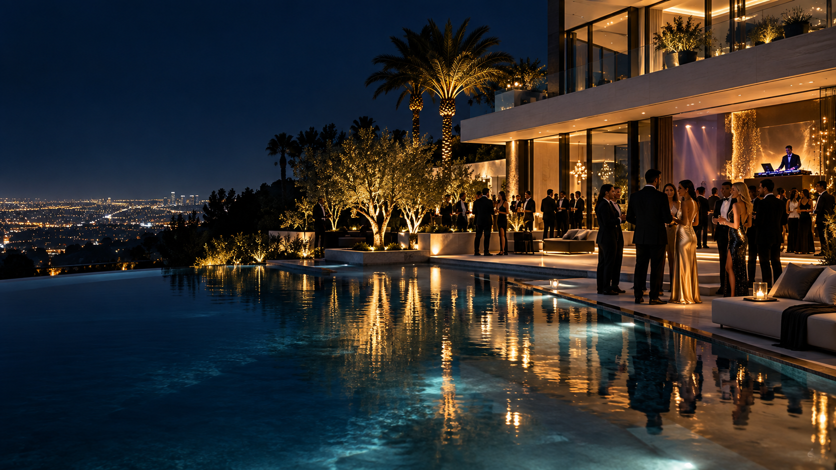 Luxury evening event at a contemporary estate overlooking a city